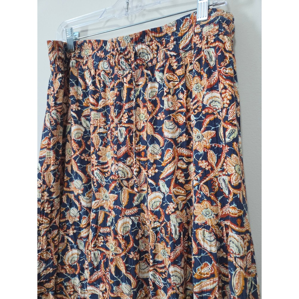 Wonderly Floral Paisley Tiered Maxi‎ Skirt XL Navy Rust Boho Rayon Crinkle Flowy - Picture 2 of 7